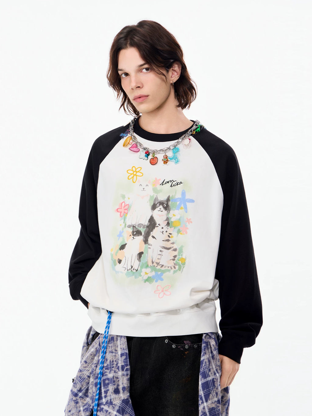 Lamlicka Cool Cat Print White Cotton Crew Neck Long Sleeve Sweatshirt for Men - Perfect for Fall Fashion - LAMLICKA