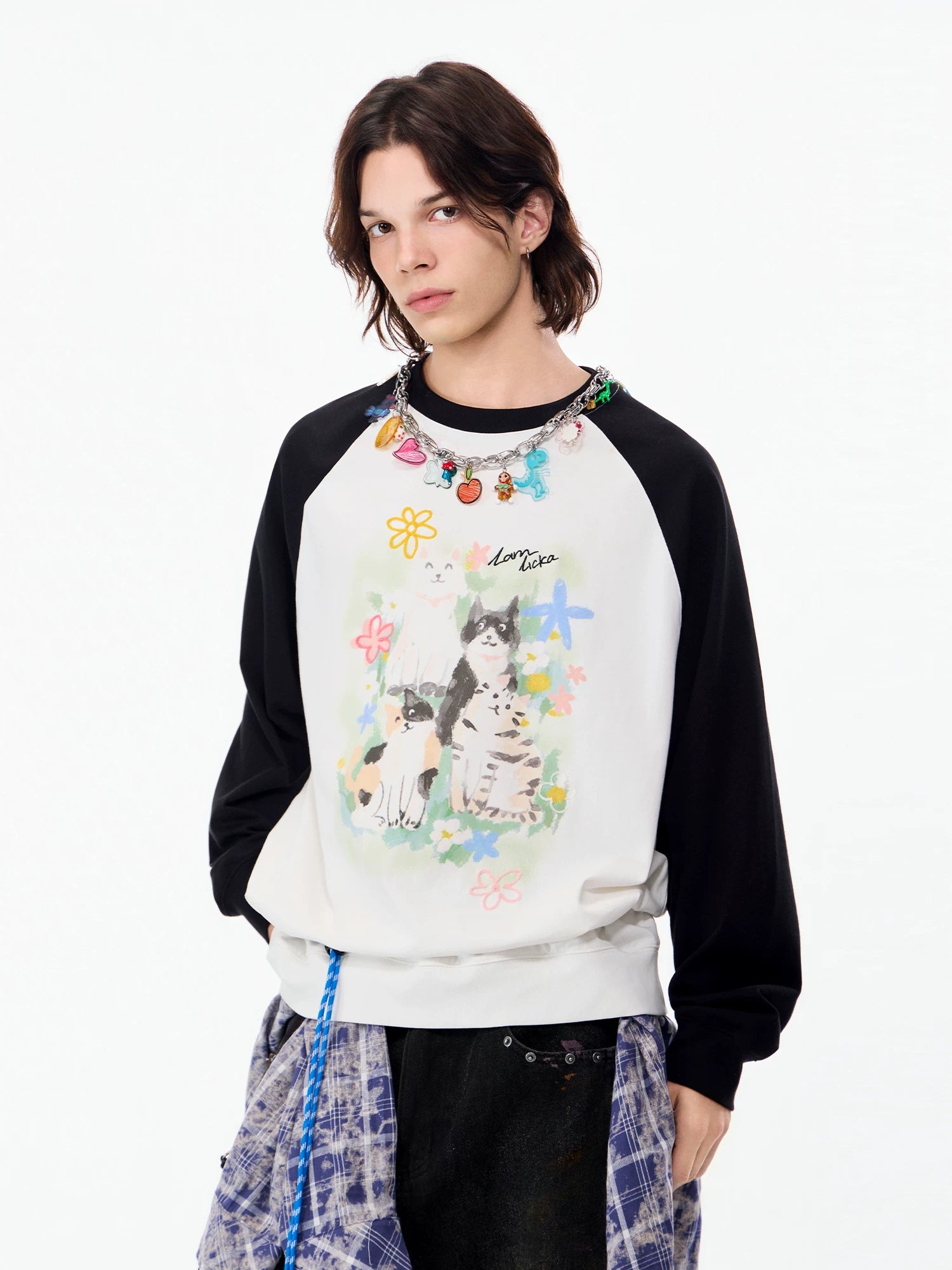Lamlicka Cool Cat Print White Cotton Crew Neck Long Sleeve Sweatshirt for Men - Perfect for Fall Fashion - LAMLICKA