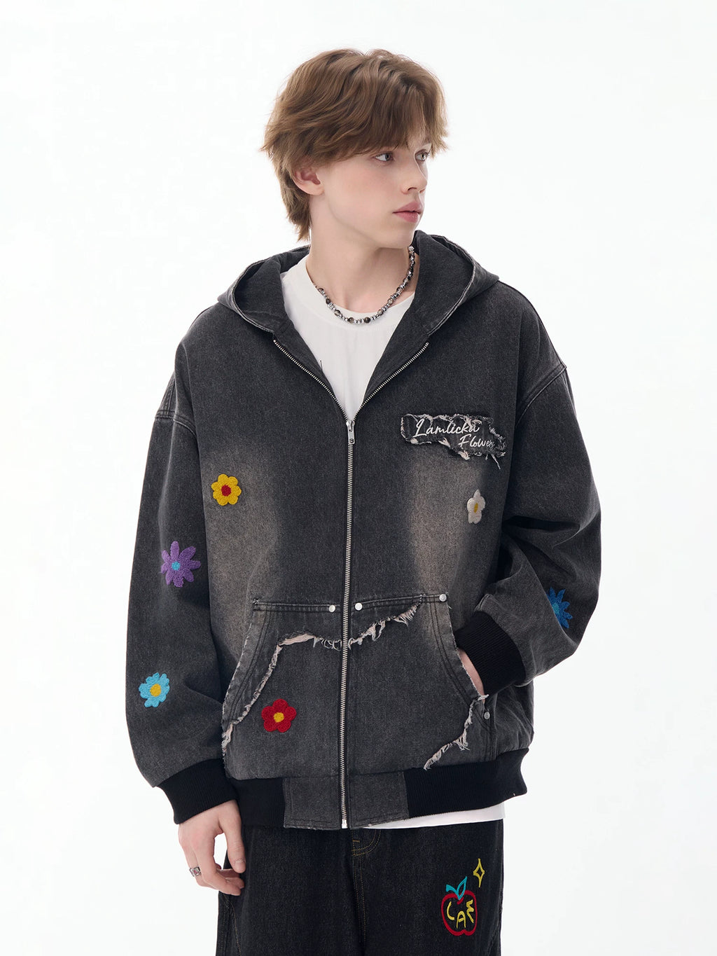 Lamlicka Colorful Flower Embroidery Washed Denim Hooded Jacket Oversized - Jackets & Coats - LAMLICKA
