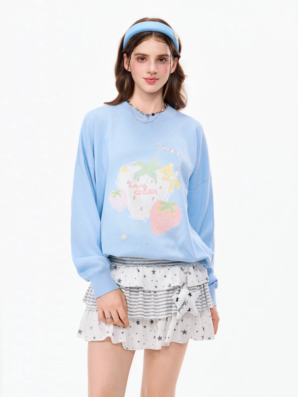 LAMLICKA blue hand-drawn strawberry knit sweater, product image 3