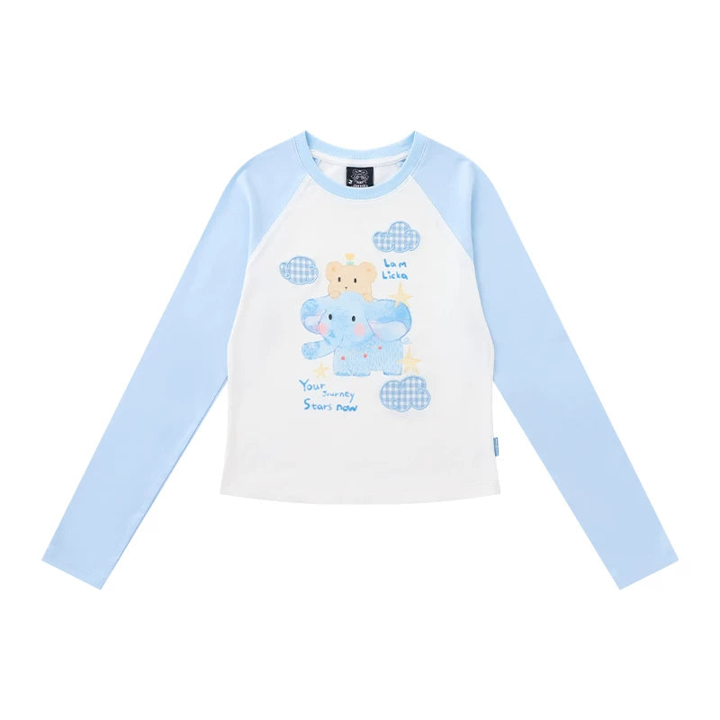 Lamlicka Whimsical Elephant Raglan Long Sleeve Fitted Tee - Tops - LAMLICKA - 蓝色 - L 适合100 - 120斤 - 6110327440495