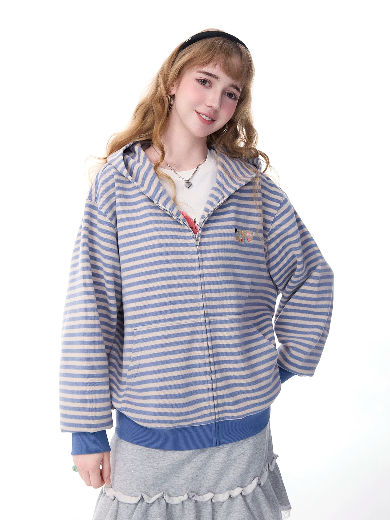 Lamlicka blue and white striped american retro zip - up hoodie - women's spring/autumn loose casual cardigan jacket - men's - LAMLICKA