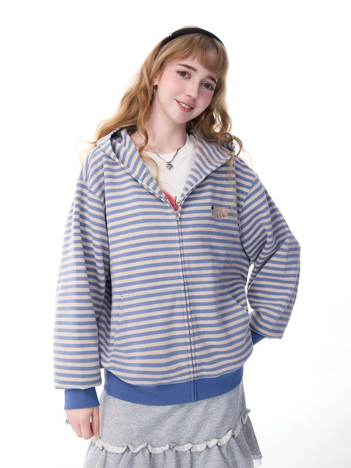 Lamlicka blue and white striped american retro zip - up hoodie - women's spring/autumn loose casual cardigan jacket - men's - LAMLICKA