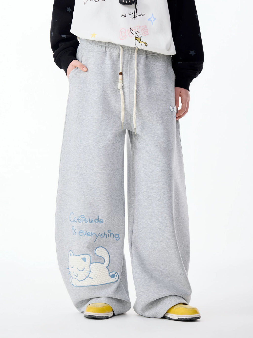 LAMLICKA Cat - Inspired Relaxed Wide - Leg Pants for Men – Cozy Gray Lounge Trousers - LAMLICKA