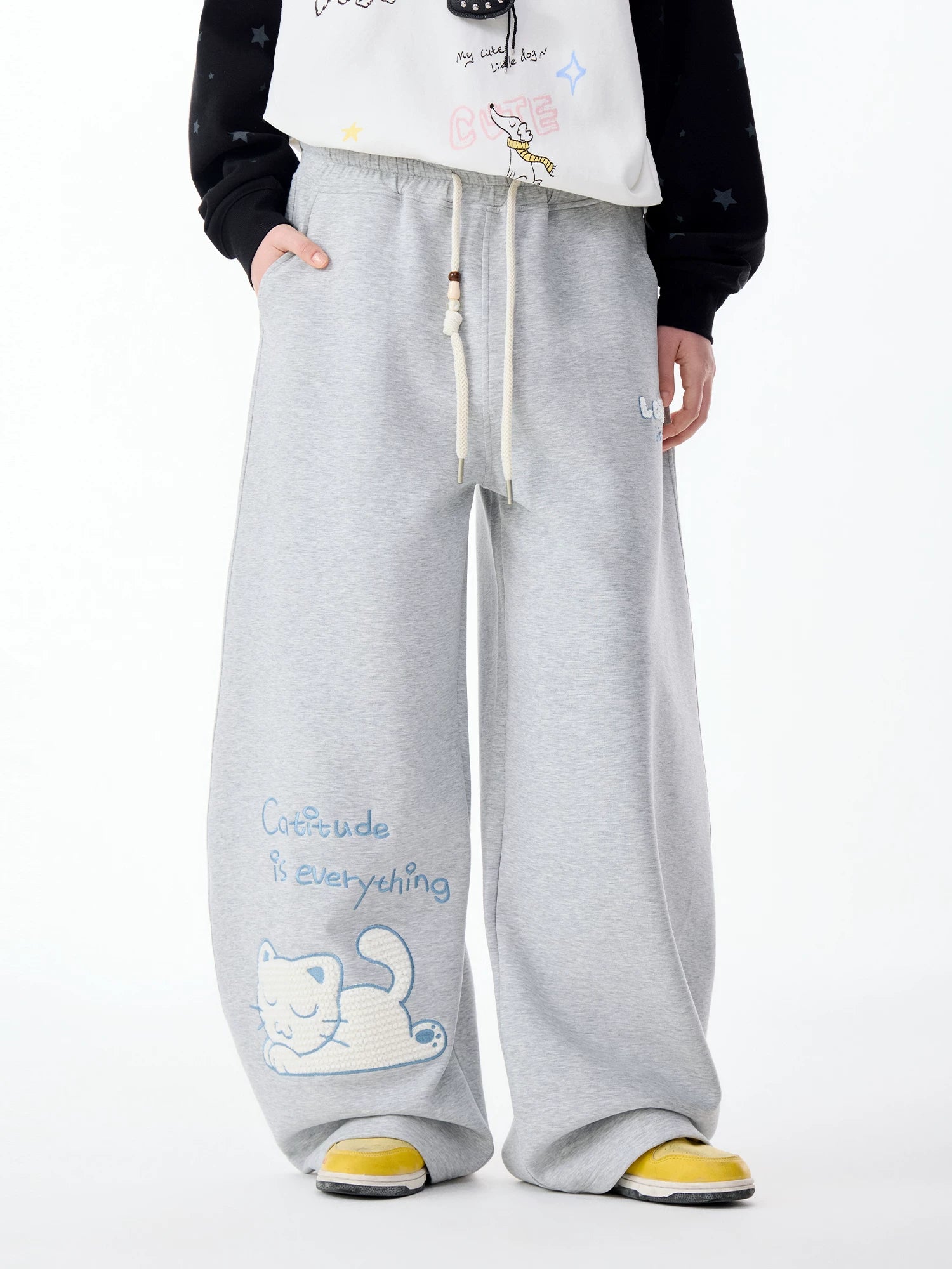LAMLICKA Cat - Inspired Relaxed Wide - Leg Pants for Men – Cozy Gray Lounge Trousers - LAMLICKA