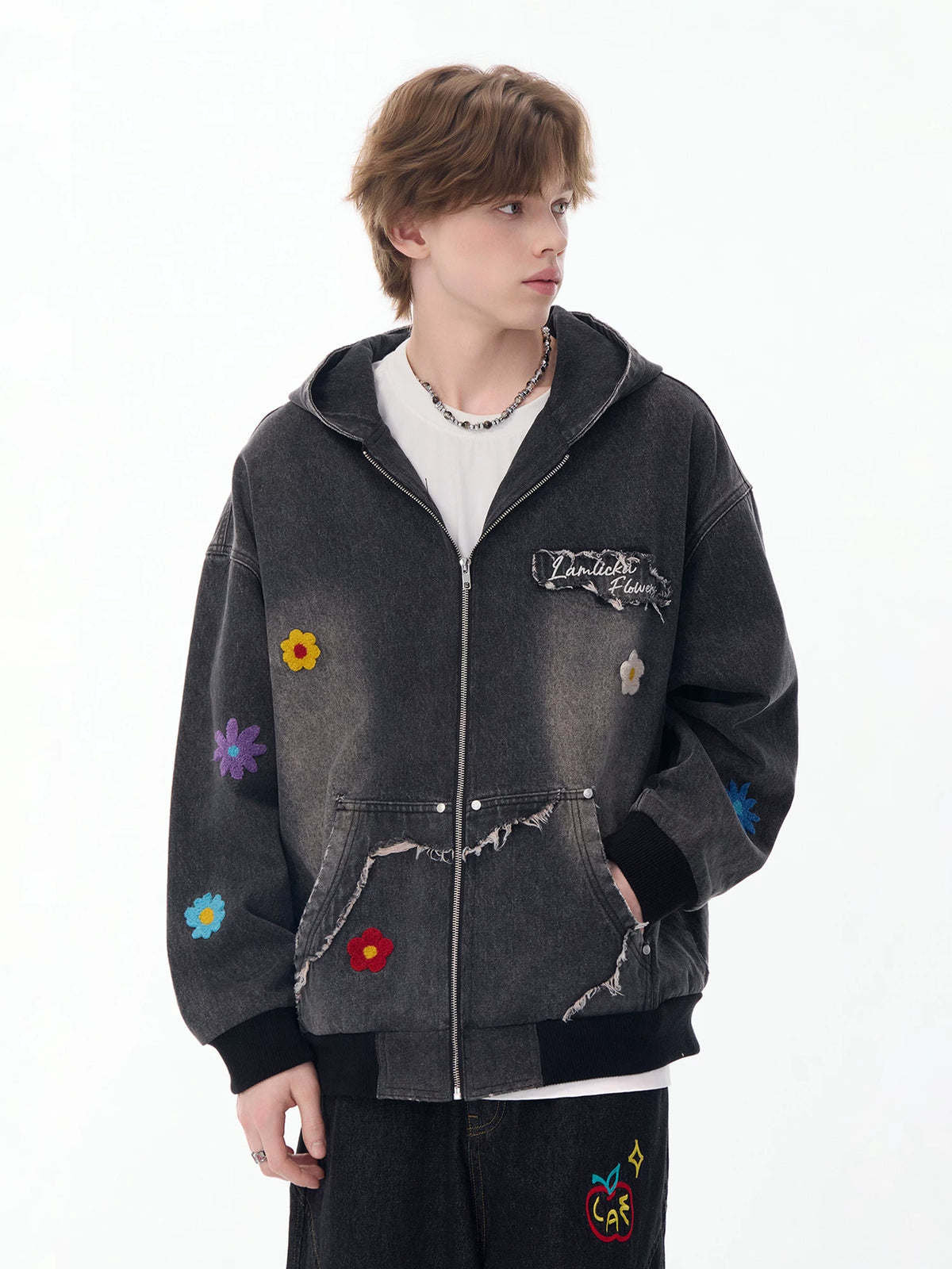 Floral Embroidered Washed Denim Hooded Jacket – LAMLICKA