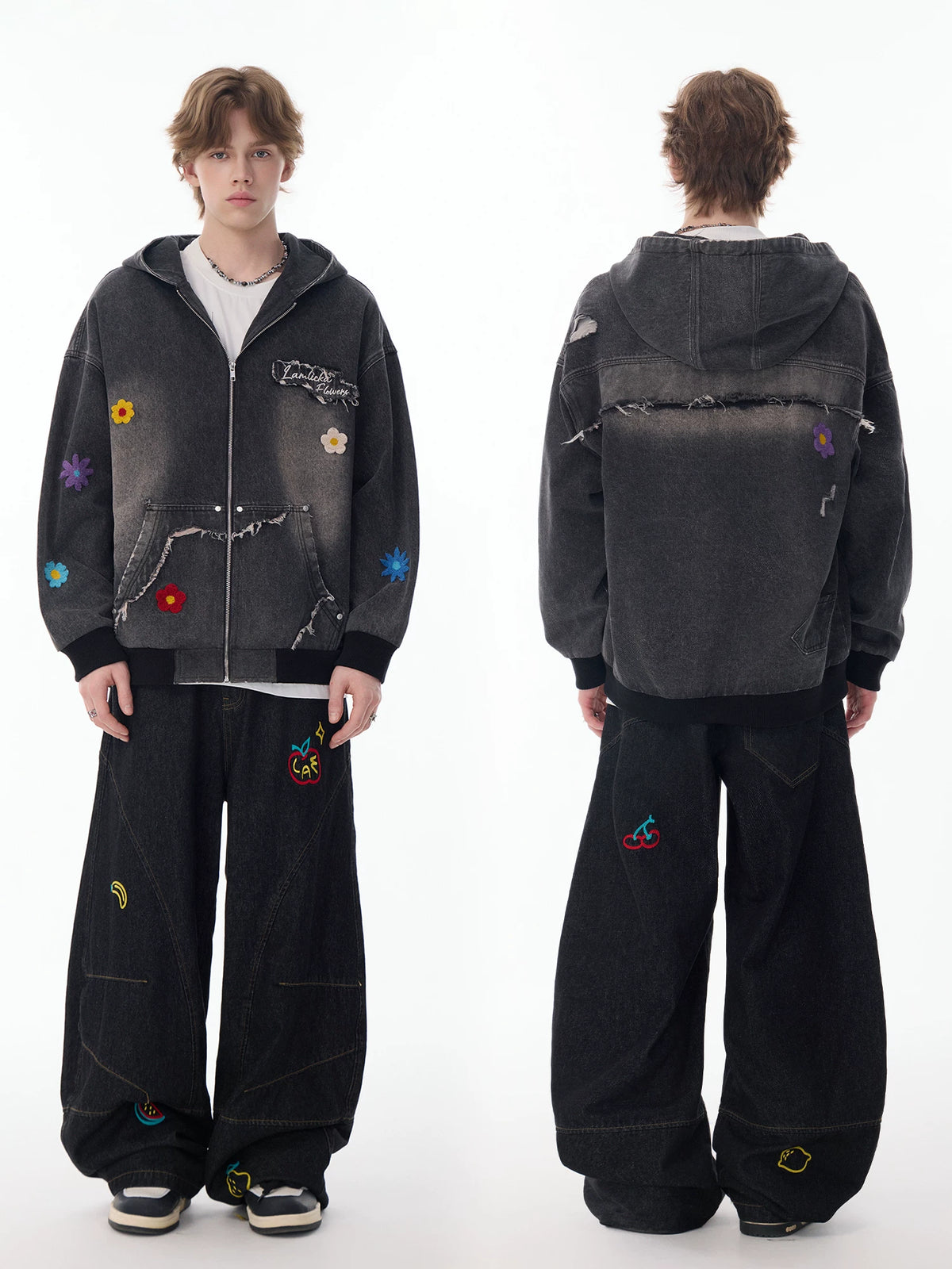 Floral Embroidered Washed Denim Hooded Jacket – LAMLICKA, view 5