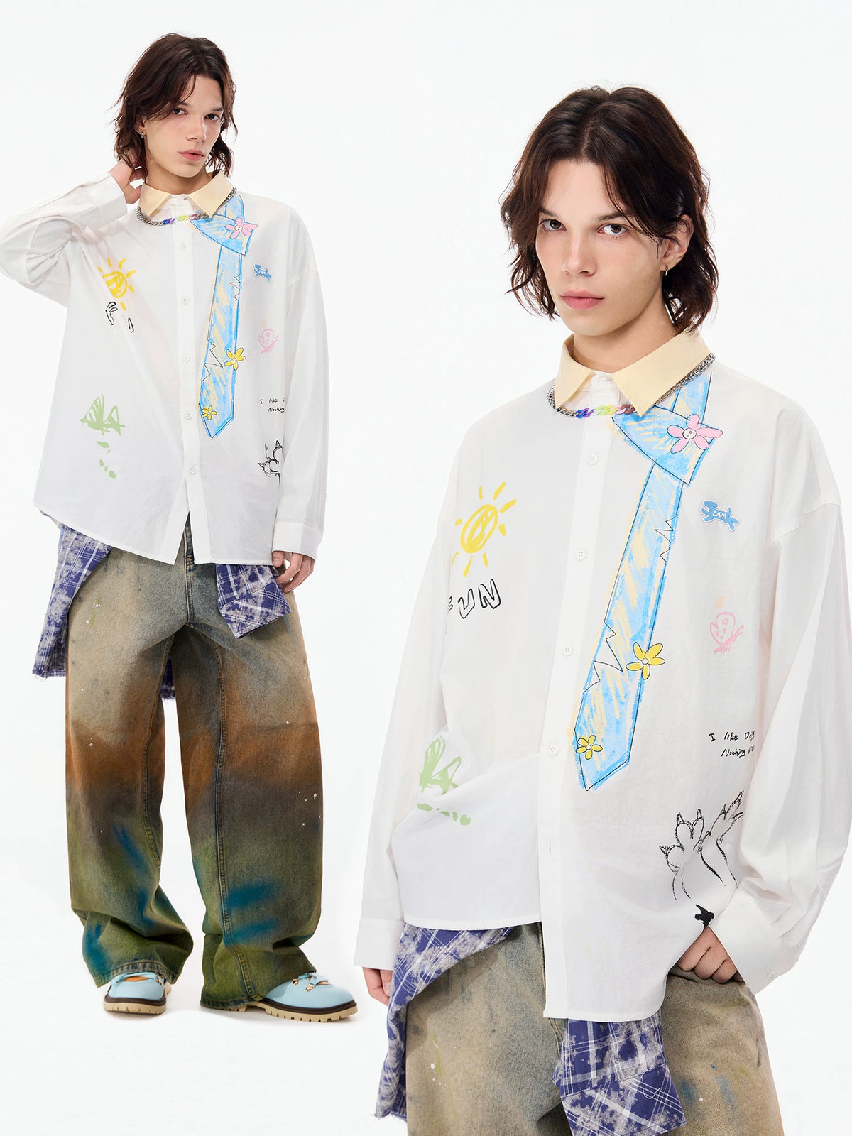 Tie Print White Button-Up Shirt – LAMLICKA, view 3